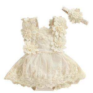 PERSEPHONE Crochet & Lace Romper with Headband newborn dress